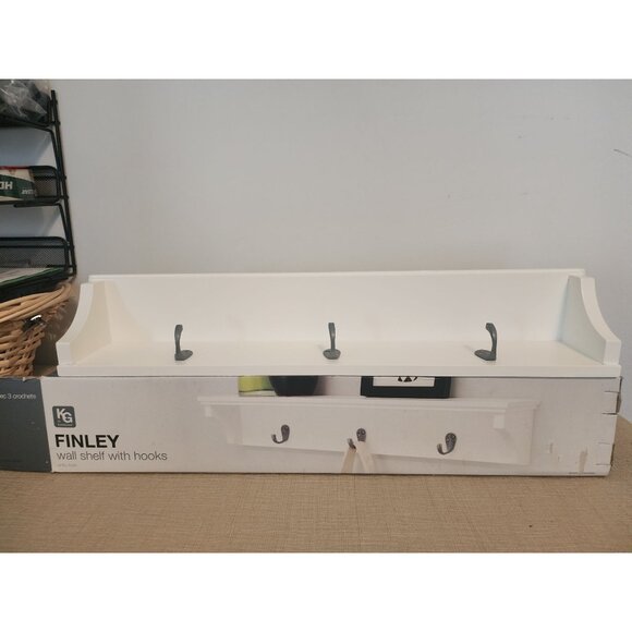 Finley Wall Shelf By Kiera Grace With 3 Hooks White Finish - Picture 1 of 8